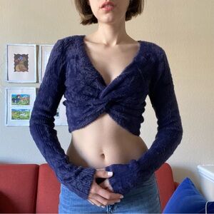 Aerie Navy Blue Cropped Fuzzy Faux Fur Twist Front Reversible Sweater Shrug